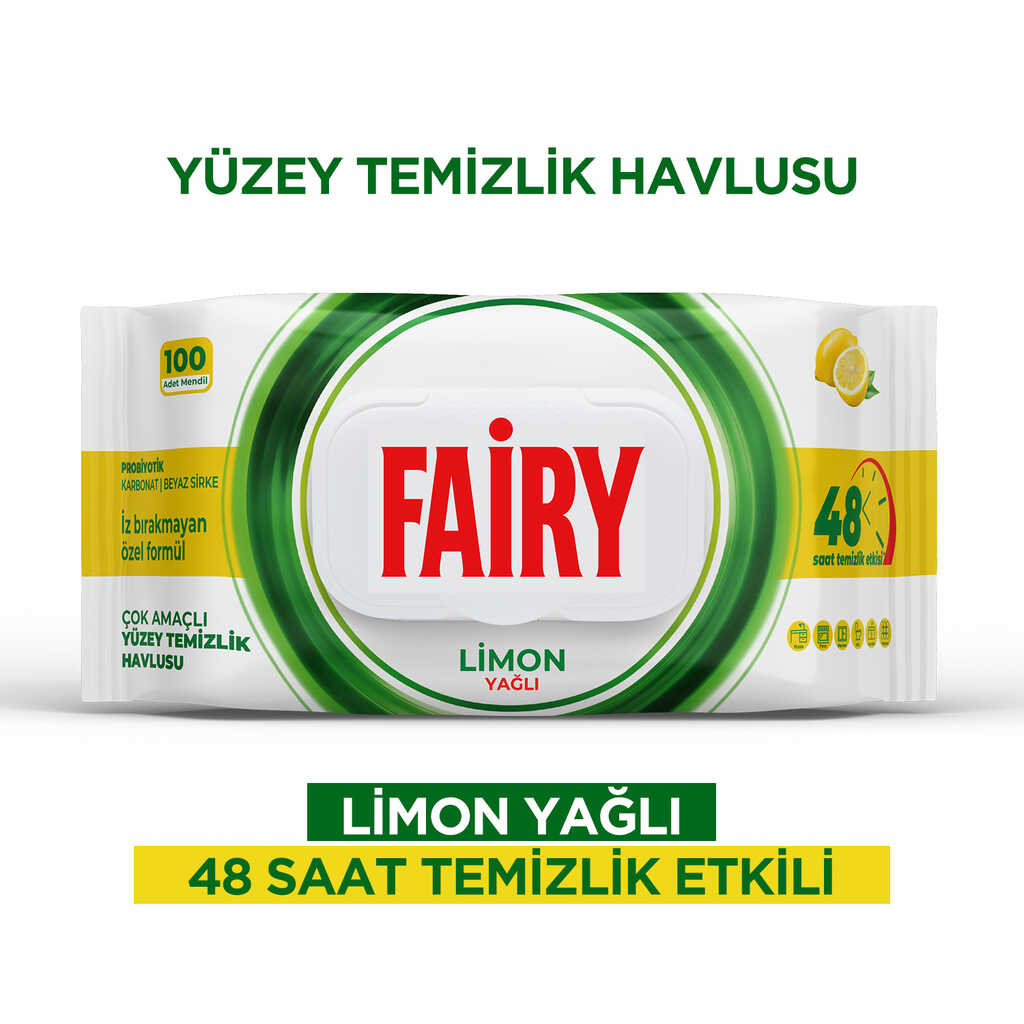 8681554633139 دستمال مرطوب چندمنظوره سطوح فیری Fairy | پاککننده قوی با رایحه لیمو | بسته 100 عددی - Image 1