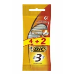 خودتراش بیک Bic سه لبه | اصلاحی روان و دقیق با تیغه‌های تیز و با دوام، طراحی شده برای راحتی و جلوگیری از خراشیدگی پوست | بسته 6 عددی