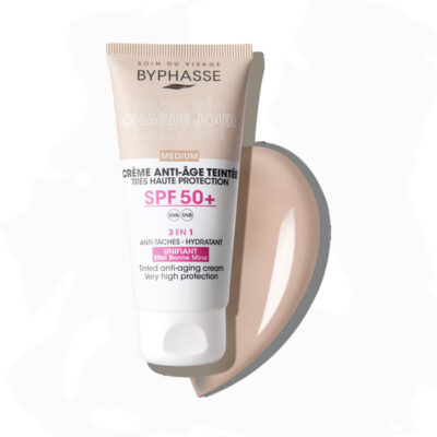 ضدآفتاب رنگی سه کاره بایفاس Byphasse | رنگ Medium و SPF 50 | آبرسان، آنتی اکسیدان و ضد چروک، با پوشش دهی طبیعی و یکدست، محافظت بالا در برابر اشعه UVA و UVB | حجم 50 میل