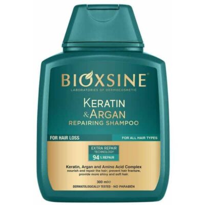 شامپو بیوکسین BIOXCIN | حاوی روغن آرگان و کراتین | تغذیه کننده و بازسازی کننده موهای آسیب دیده با روغن آرگان و کراتین، افزایش نرمی، لطافت و درخشندگی موها | 300 میل
