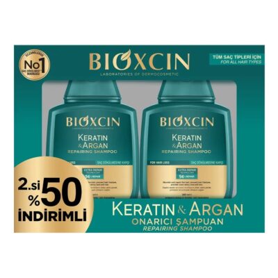 شامپو بیوکسین BIOXCIN | پک 2 عددی | حاوی روغن آرگان و کراتین | تغذیه و ترمیم موهای خشک و آسیب‌دیده، افزایش نرمی و لطافت، کمک به کاهش وز و شکنندگی مو | 300 میل