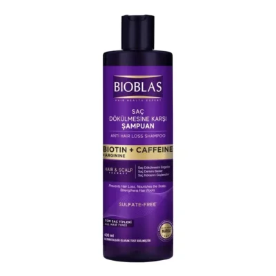 شامپو ضد ریزش بیوبلاس Bioblas |بدون سولفات حاوی بیوتین و کافئین | تقویت‌کننده قوی ریشه مو، کمک به کاهش ریزش و تحریک رشد مو با بیوتین و کافئین، فرمولاسیون ملایم بدون سولفات | 400 میل