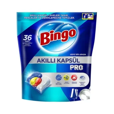 قرص ماشین ظرفشویی بینگو Bingo | مدل Pro | پاک‌کنندگی قوی، چربی‌زدایی عالی و درخشان‌کننده ظروف، همراه با قابلیت جلادهنده و محافظت از دستگاه | بسته 36 عددی