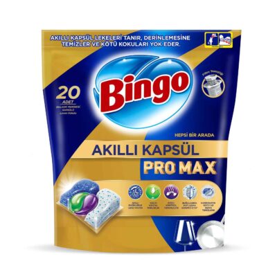 قرص ماشین ظرفشویی بینگو Bingo | مدل Pro Max | پاک‌کنندگی قوی، چربی‌زدایی عالی و درخشان‌کننده ظروف، همراه با قابلیت جلادهنده و محافظت از دستگاه | بسته 20 عددی