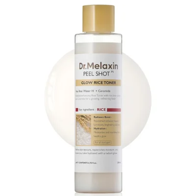 تونر ضد لک و مرطوب‌کننده دکتر ملاکسین Dr.Melaxin | مدل Peel Shot Glow Rice Toner | روشن‌کننده و آبرسان حاوی عصاره برنج | ۲۰۰ میل